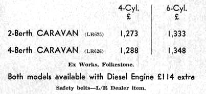 A photo showing the Martin Walter catalog listing for 2 berth and 4 berth LandLand Rover Dormobule types